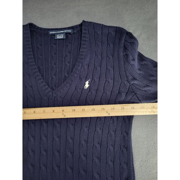 Ralph Lauren Sport Women's LG Navy Blue V Neck Cable Knit Sweater Tennis Preppy - Picture 5 of 6